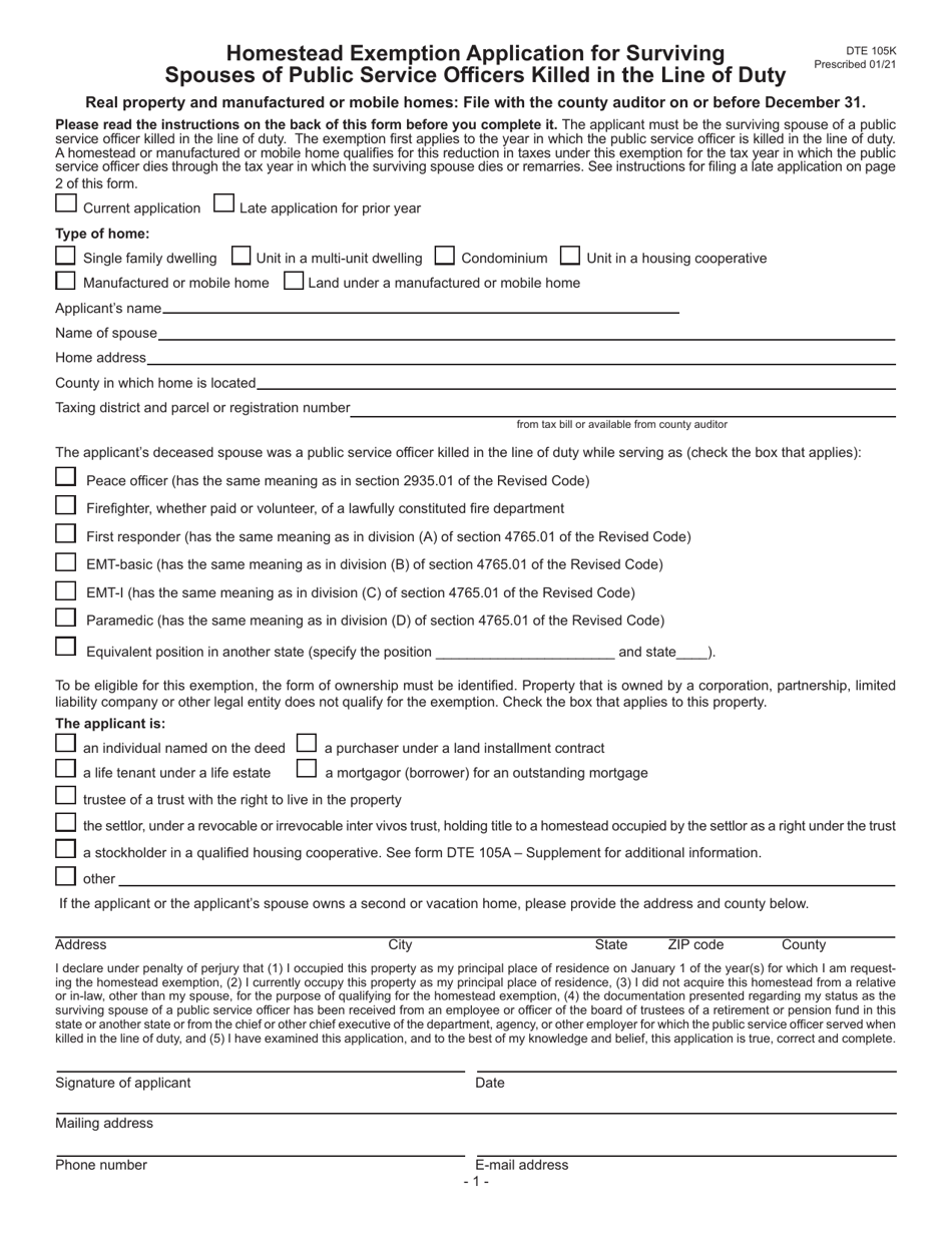Form DTE105K Homestead Exemption Application for Surviving Spouses of Public Service Officers Killed in the Line of Duty - Butler County, Ohio, Page 1