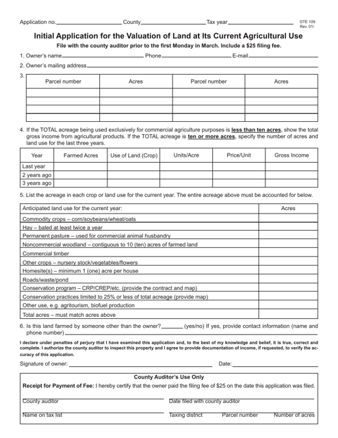 Form DTE109 Initial Application for the Valuation of Land at Its Current Agricultural Use - Ohio