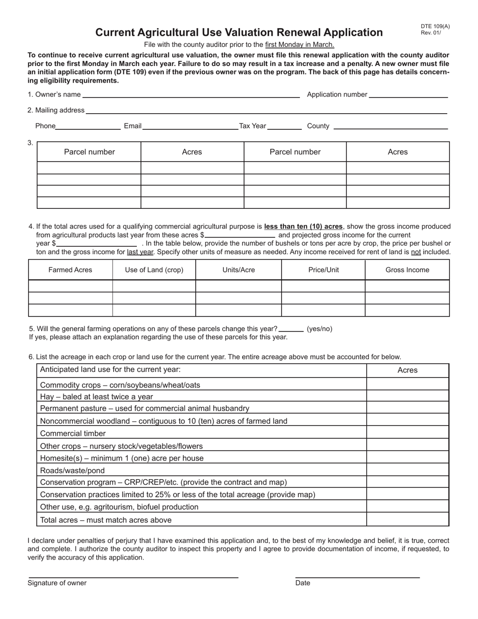 Form DTE109(A) Current Agricultural Use Valuation Renewal Application - Ohio, Page 1