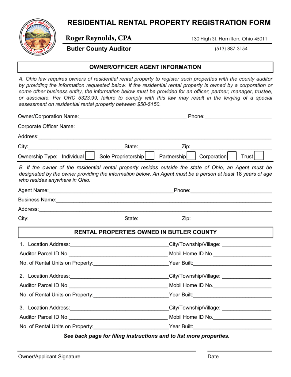 Residential Rental Property Registration Form - Butler County, Ohio, Page 1