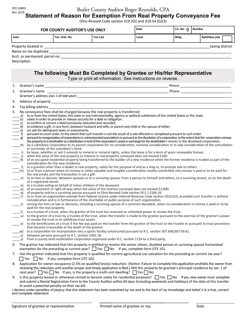 Form DTE100EX Statement of Reason for Exemption From Real Property Conveyance Fee - Butler County, Ohio, Page 1