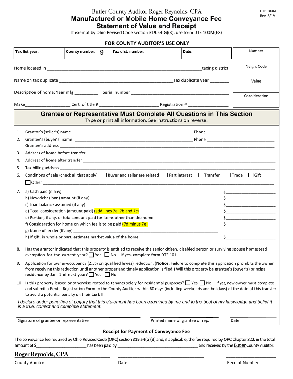 Form DTE100M Fill Out, Sign Online and Download Fillable PDF, Butler