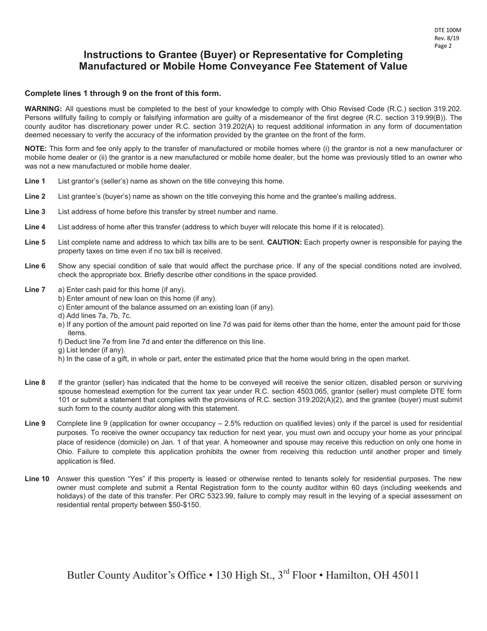 Form DTE100M Fill Out, Sign Online and Download Fillable PDF, Butler