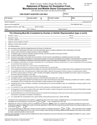Form DTE100M (EX) Statement of Reason for Exemption From Manufactured and Mobile Home Conveyance Fee - Butler County, Ohio