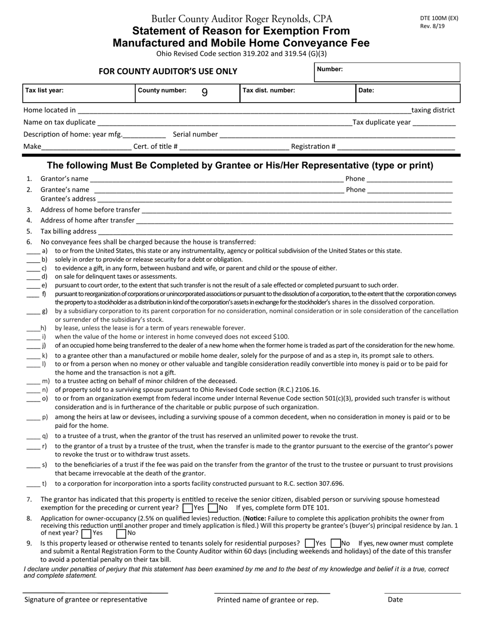 Form DTE100M (EX) Statement of Reason for Exemption From Manufactured and Mobile Home Conveyance Fee - Butler County, Ohio, Page 1
