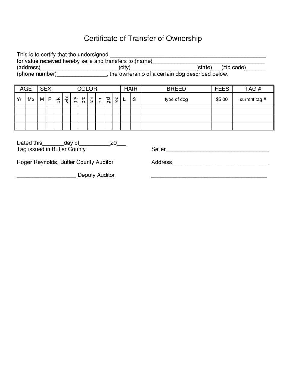 Butler County, Ohio Dog License Transfer Form - Fill Out, Sign Online and Download PDF