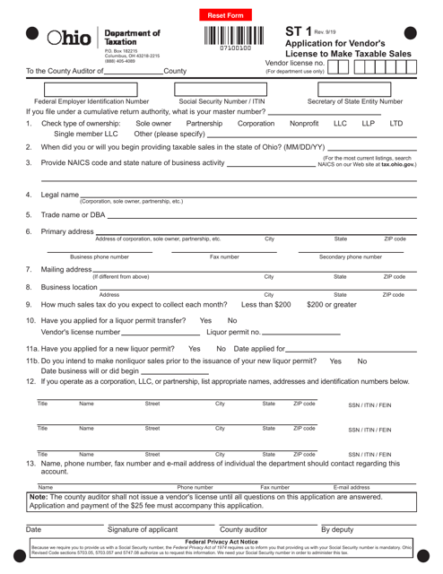 Form ST1 Application for Vendor's License to Make Taxable Sales - Ohio