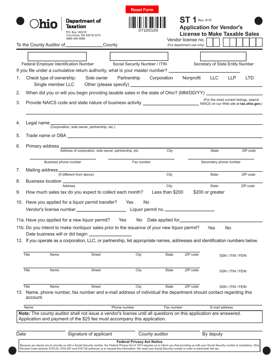 Form ST1 Application for Vendors License to Make Taxable Sales - Ohio, Page 1