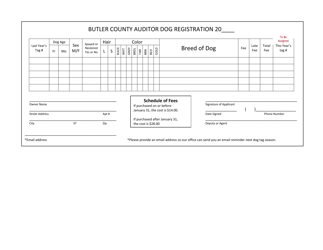 Document preview: Dog License Application Form - Butler County, Ohio