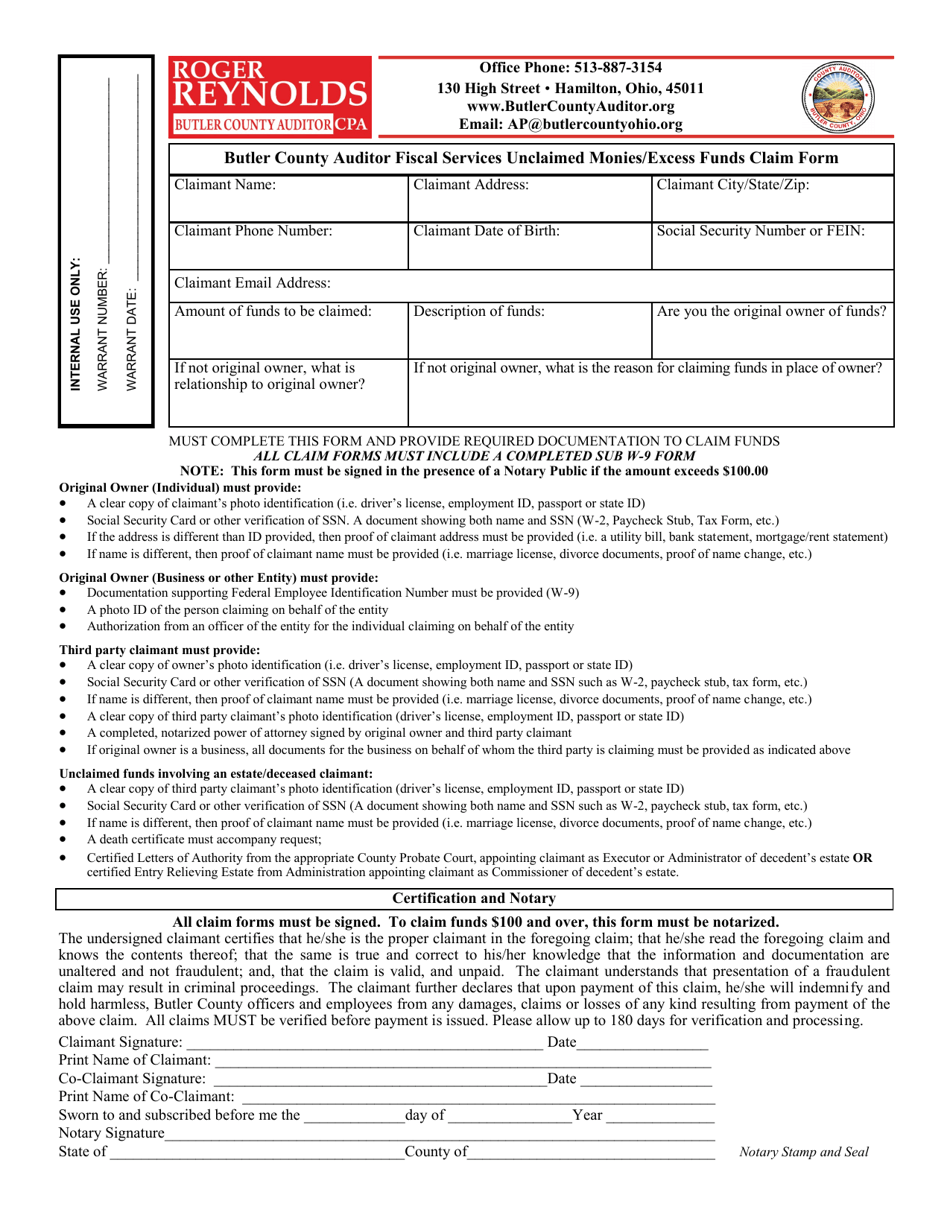 Unclaimed Monies / Excess Funds Claim Form - Butler County, Ohio, Page 1