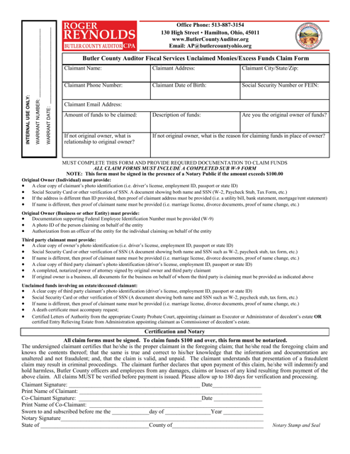 Unclaimed Monies / Excess Funds Claim Form - Butler County, Ohio Download Pdf