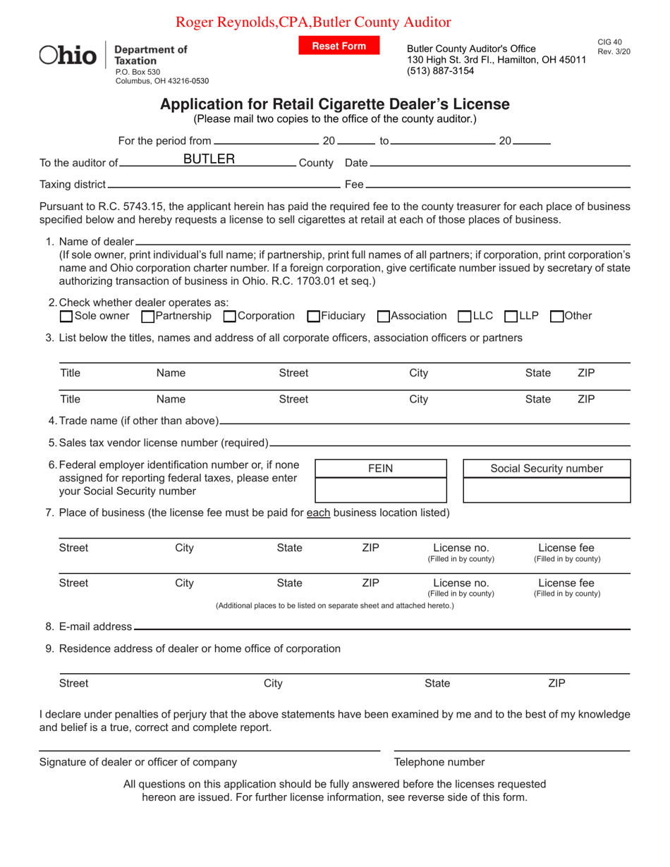Form CIG40 Application for Retail Cigarette Dealers License - Butler County, Ohio, Page 1