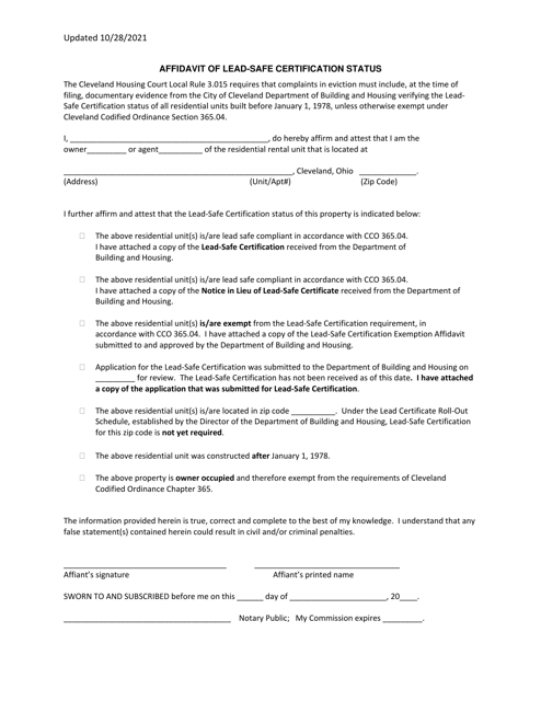 Affidavit of Lead-Safe Certification Status - Cuyahoga County, Ohio Download Pdf