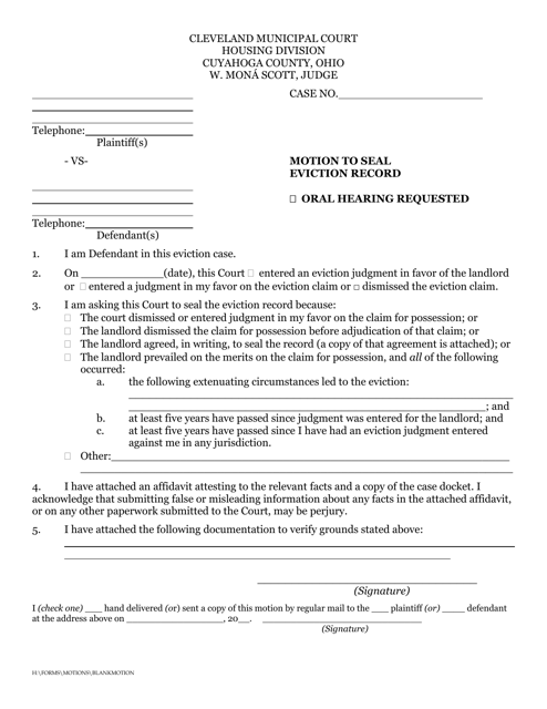 Motion to Seal Eviction Record - Cuyahoga County, Ohio Download Pdf