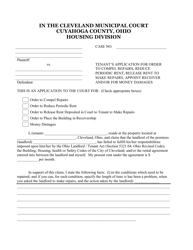 Tenant&#039;s Application for Order to Compel Repairs, Reduce Periodic Rent, Release Rent to Make Repairs, Appoint Receiver and/or for Money Damages - Cuyahoga County, Ohio