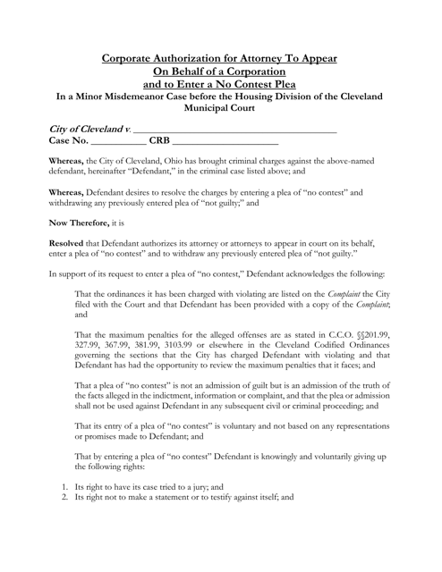 Corporate Authorization for Attorney to Appear on Behalf of a Corporation and to Enter a No Contest Plea in a Minor Misdemeanor Case - City of Cleveland, Ohio Download Pdf