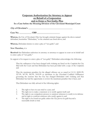 Document preview: Corporate Authorization for Attorney to Appear on Behalf of a Corporation and to Enter a Not Guilty Plea - City of Cleveland, Ohio