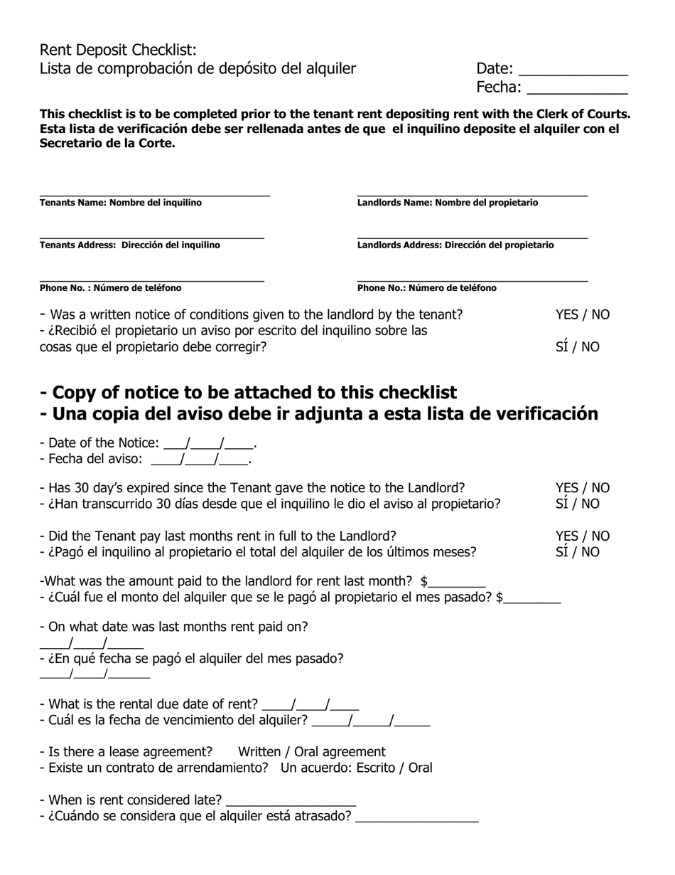 Rent Deposit Checklist - Cuyahoga County, Ohio (English / Spanish), Page 1