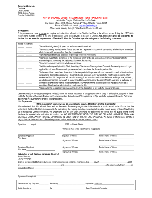 Domestic Partnership Registration Affidavit - City of Orlando, Florida Download Pdf