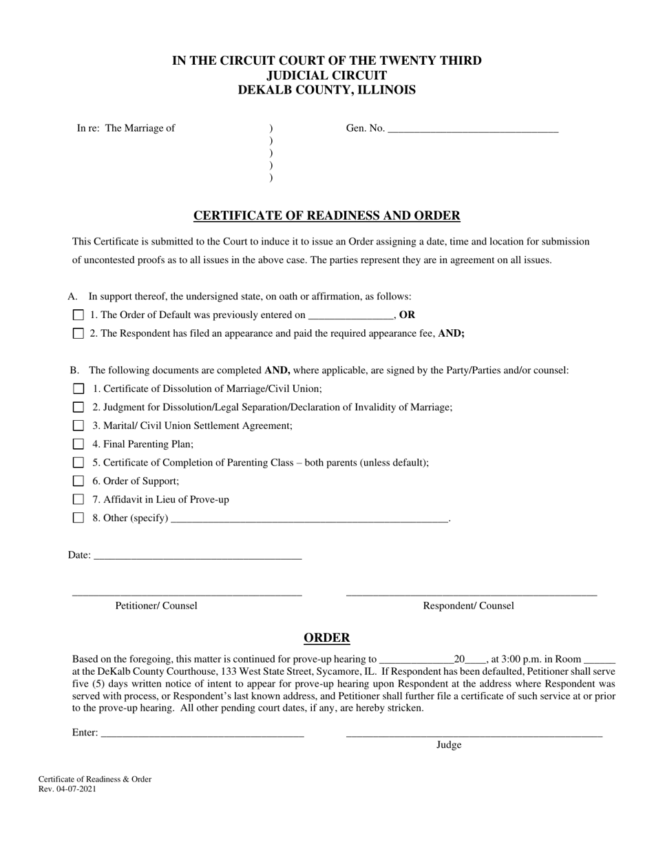 Dekalb County Illinois Certificate Of Readiness And Order Fill Out