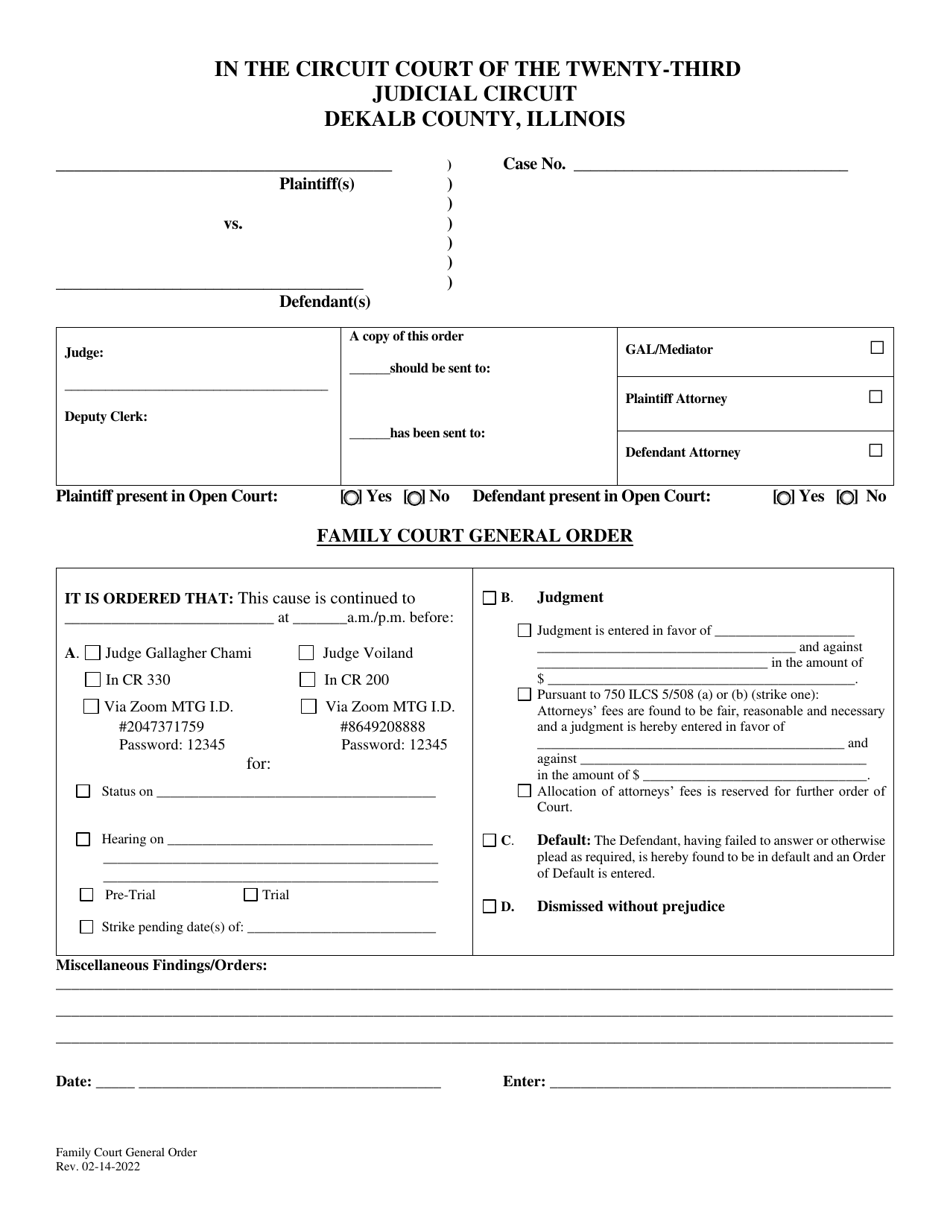 DeKalb County Illinois Family Court General Order Fill Out Sign