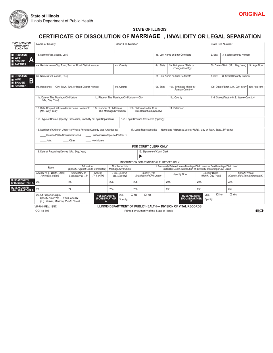 Form VR-700 Certificate of Dissolution of Marriage / Civil Union or Legal Separation - Illinois, Page 1