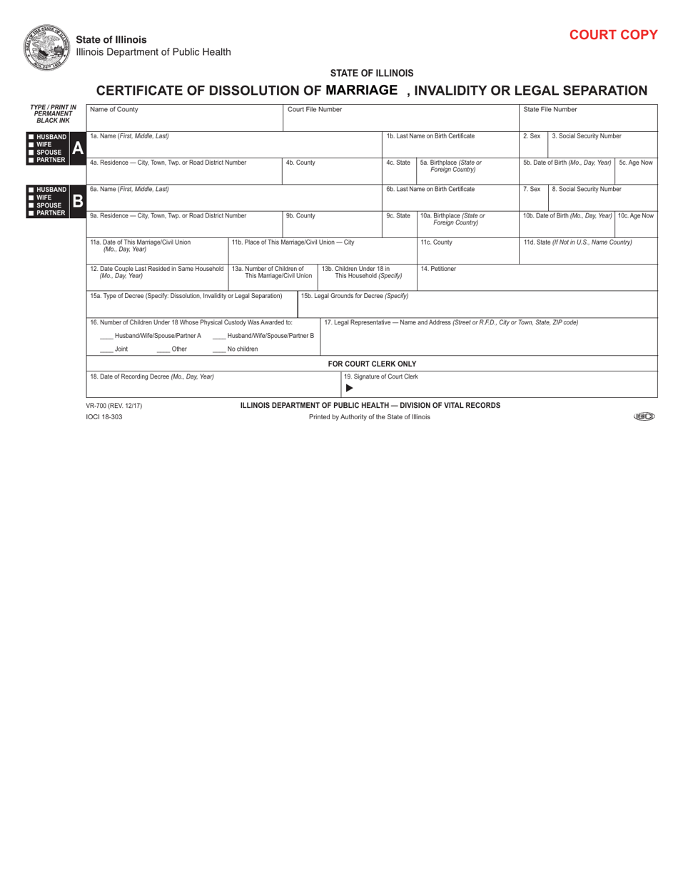 Form VR-700 Certificate of Dissolution of Marriage / Civil Union or Legal Separation - Illinois, Page 3