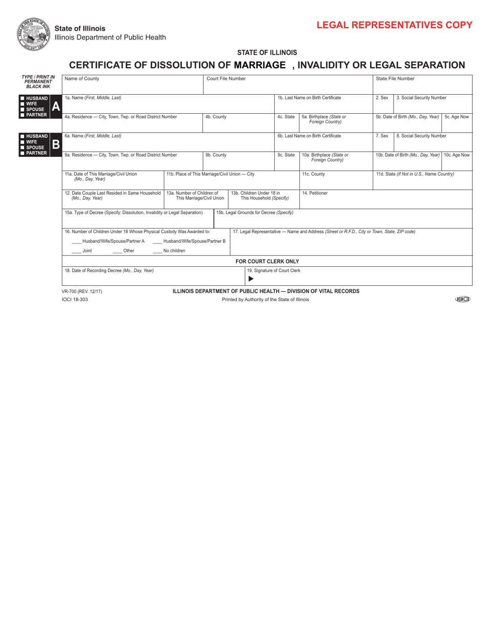 Form VR-700 Certificate of Dissolution of Marriage / Civil Union or Legal Separation - Illinois, Page 4