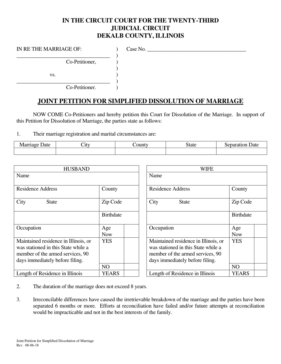 Joint Petition for Simplified Dissolution of Marriage - DeKalb County, Illinois, Page 1