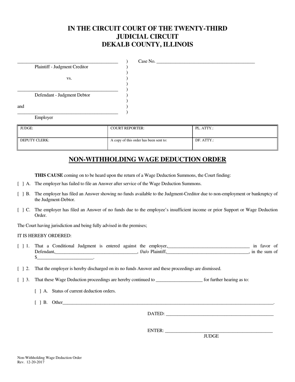 Non-withholding Wage Deduction Order - DeKalb County, Illinois, Page 1