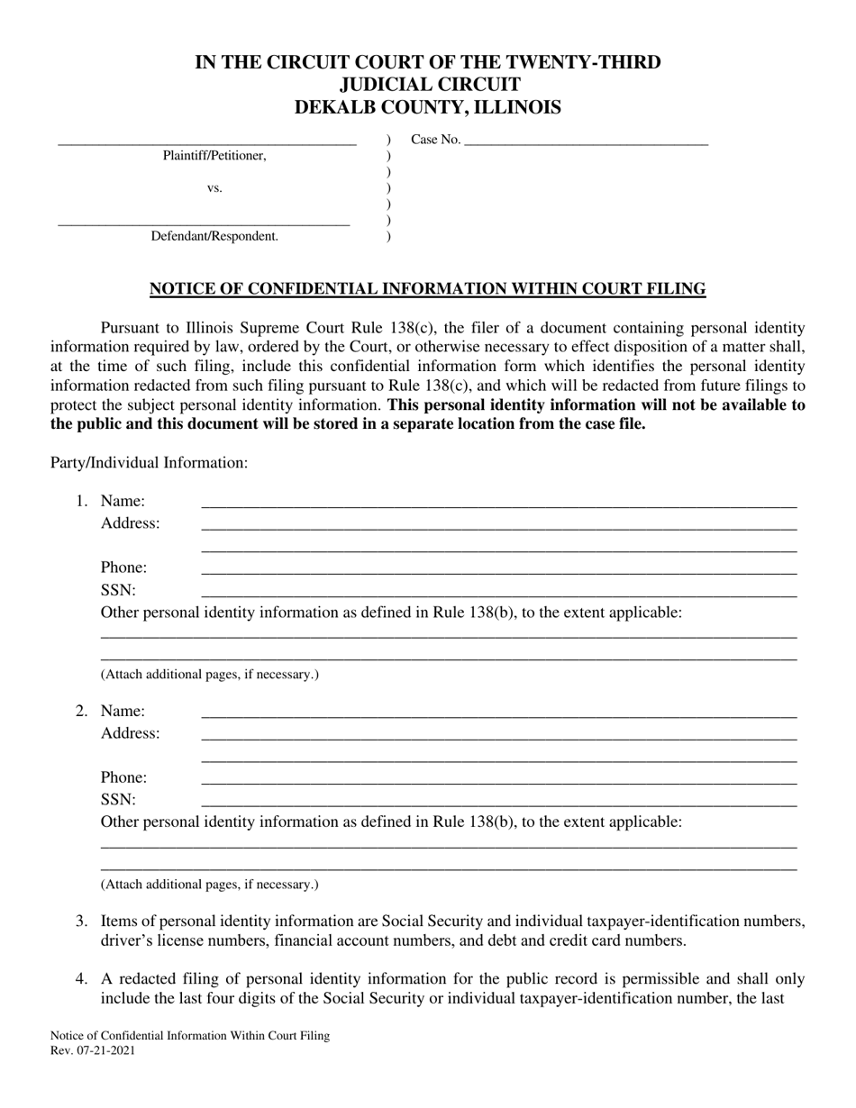 Dekalb County Illinois Notice Of Confidential Information Within Court Filing Fill Out Sign 8892