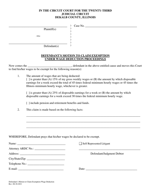Defendant&#039;s Motion to Claim Exemption Under Wage Deduction Proceedings - DeKalb County, Illinois