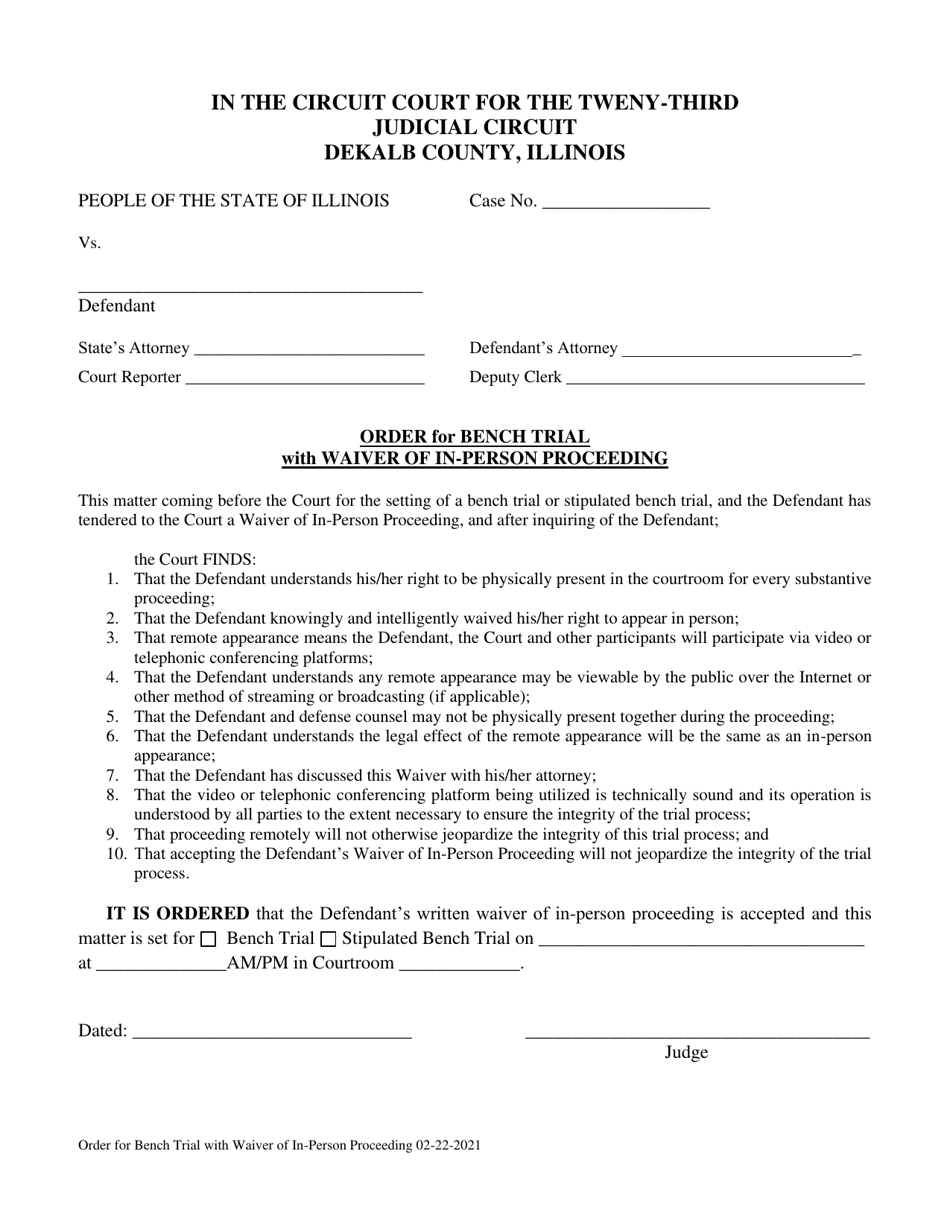 Order for Bench Trial With Waiver of in-Person Proceeding - DeKalb County, Illinois, Page 1