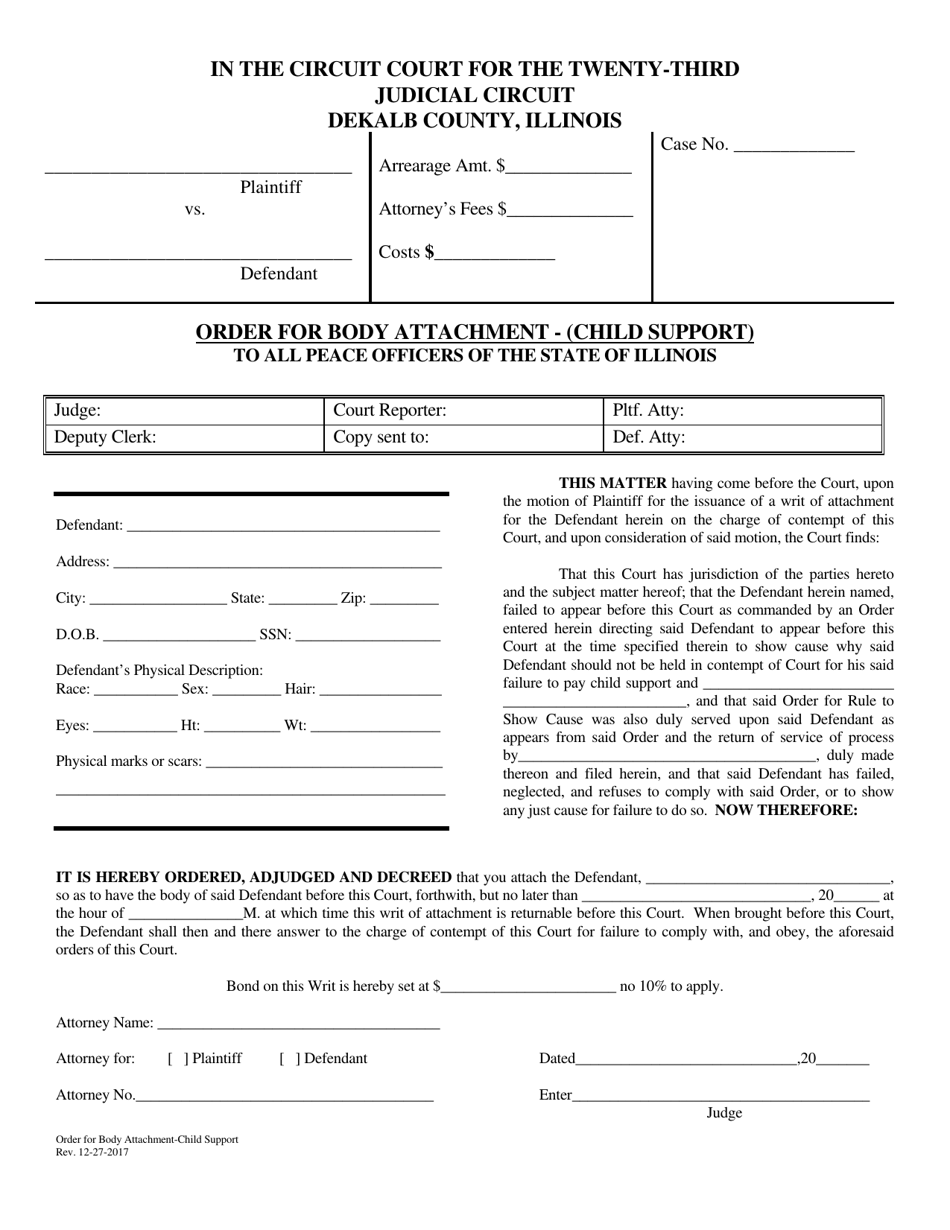Order for Body Attachment - Child Support - DeKalb County, Illinois, Page 1