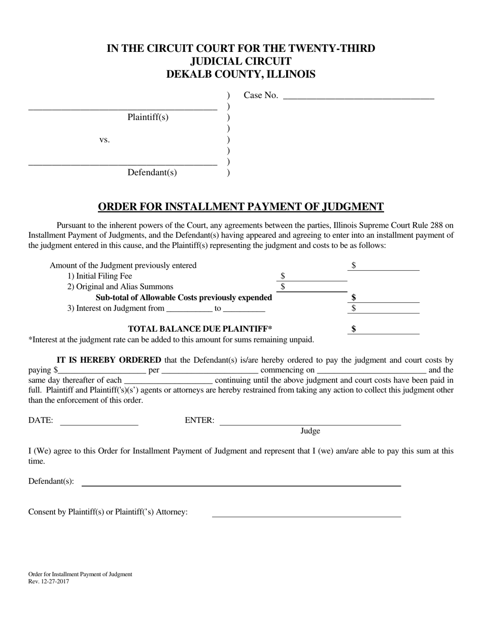 Order for Installment Payment of Judgment - DeKalb County, Illinois, Page 1