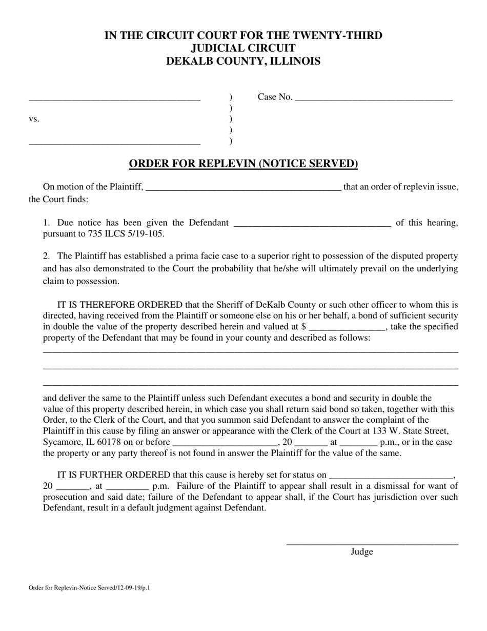 Order for Replevin (Notice Served) - DeKalb County, Illinois, Page 1