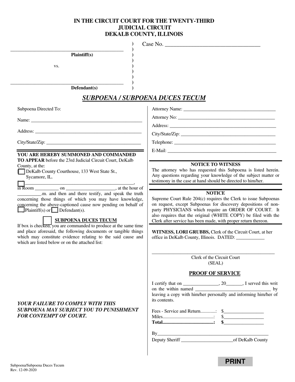 DeKalb County, Illinois Subpoena/Subpoena Duces Tecum - Fill Out, Sign ...