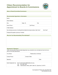 Document preview: Citizen Recommendation for Appointment to Boards & Commissions - DeKalb County, Illinois