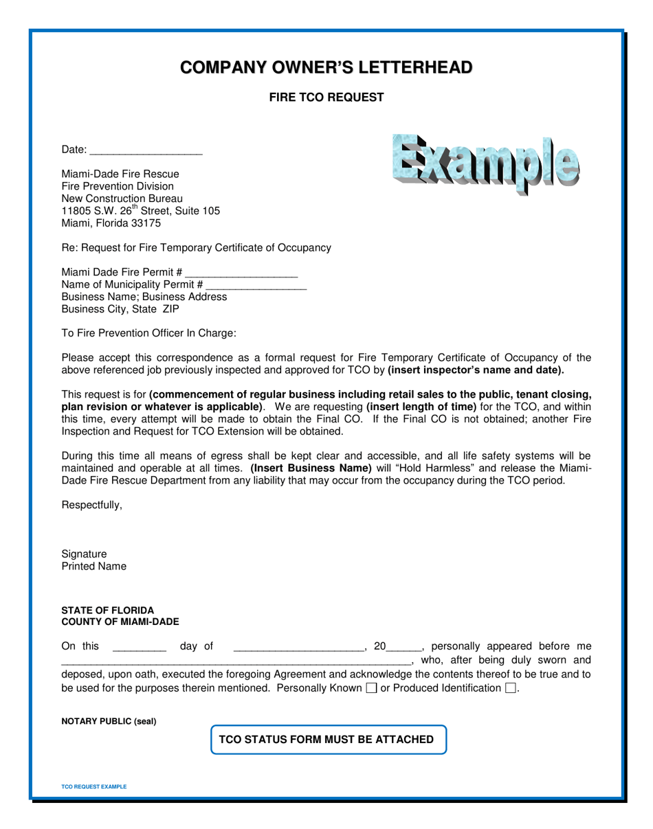 Example Fire Tco Request - Miami-Dade County, Florida, Page 1