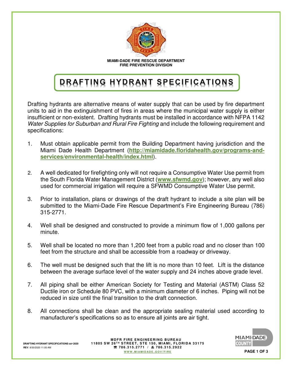 MiamiDade County, Florida Drafting Hydrant Specifications Fill Out