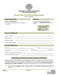 Form 6-2020-64 Application for Open Burning Permit - Miami-Dade County, Florida