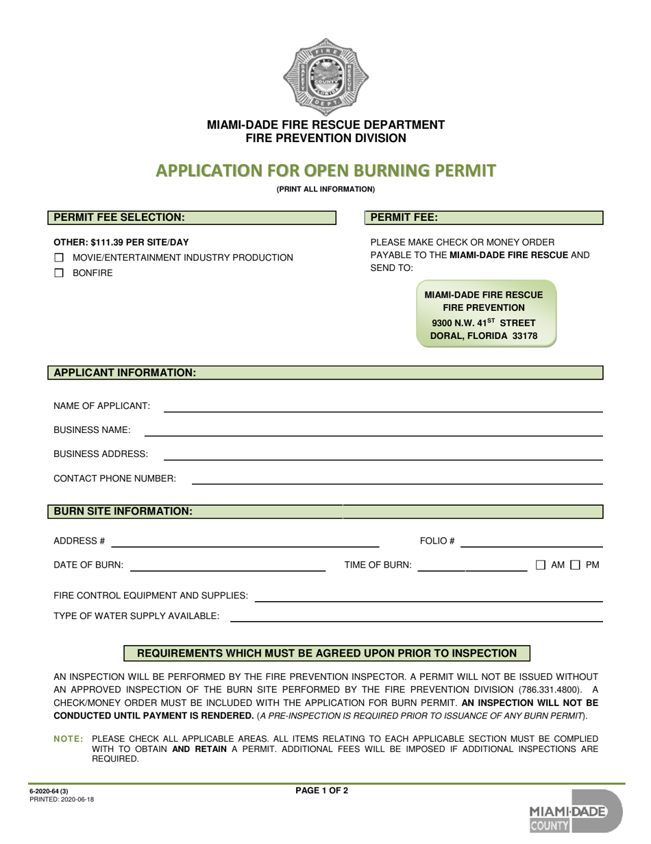 Form 6-2020-64 Application for Open Burning Permit - Miami-Dade County, Florida, Page 1