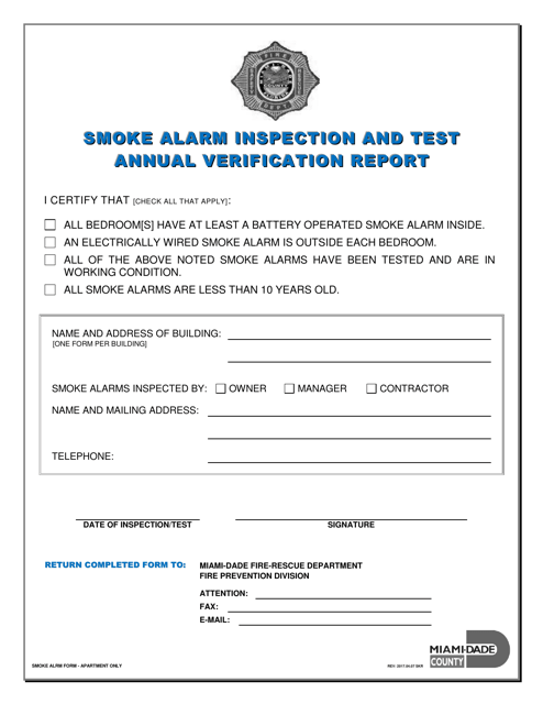 Smoke Alarm Inspection and Test Annual Verification Report - Miami-Dade County, Florida Download Pdf