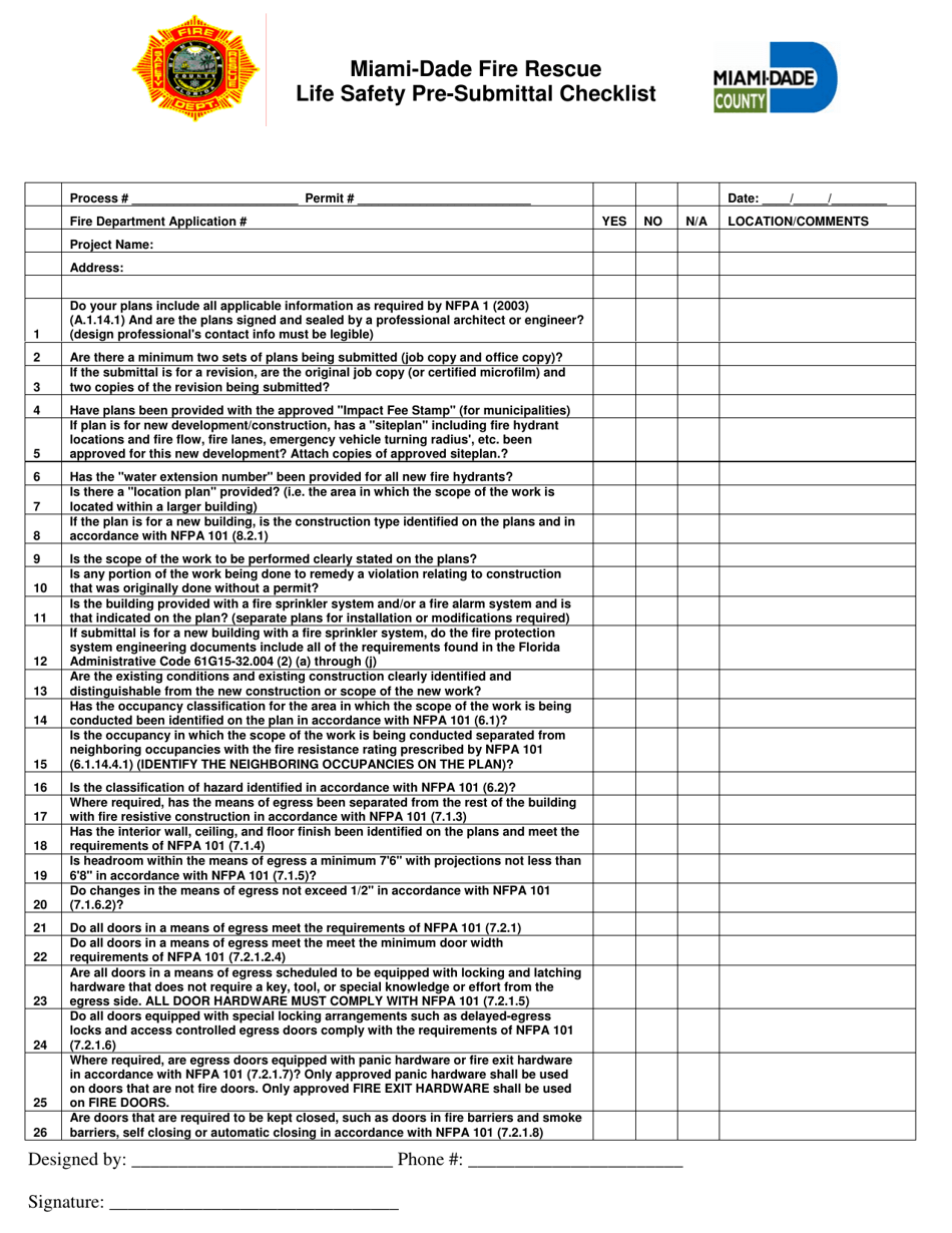 Life Safety Pre-submittal Checklist - Miami-Dade County, Florida, Page 1