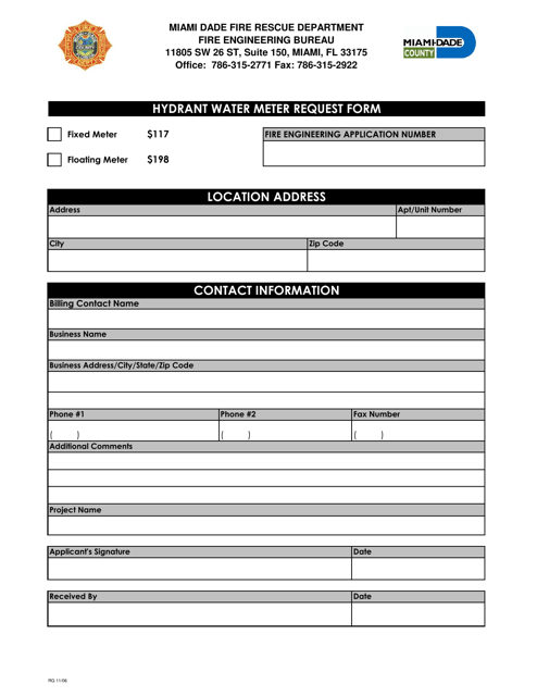 Hydrant Water Meter Request Form - Miami-Dade County, Florida Download Pdf