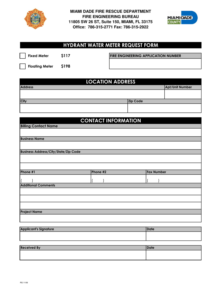 Hydrant Water Meter Request Form - Miami-Dade County, Florida, Page 1