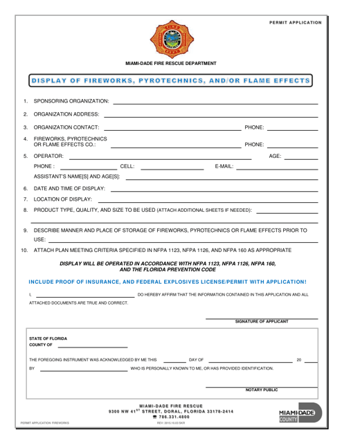 Display of Fireworks, Pyrotechnics, and/or Flame Effects Permit Application - Miami-Dade County, Florida Download Pdf