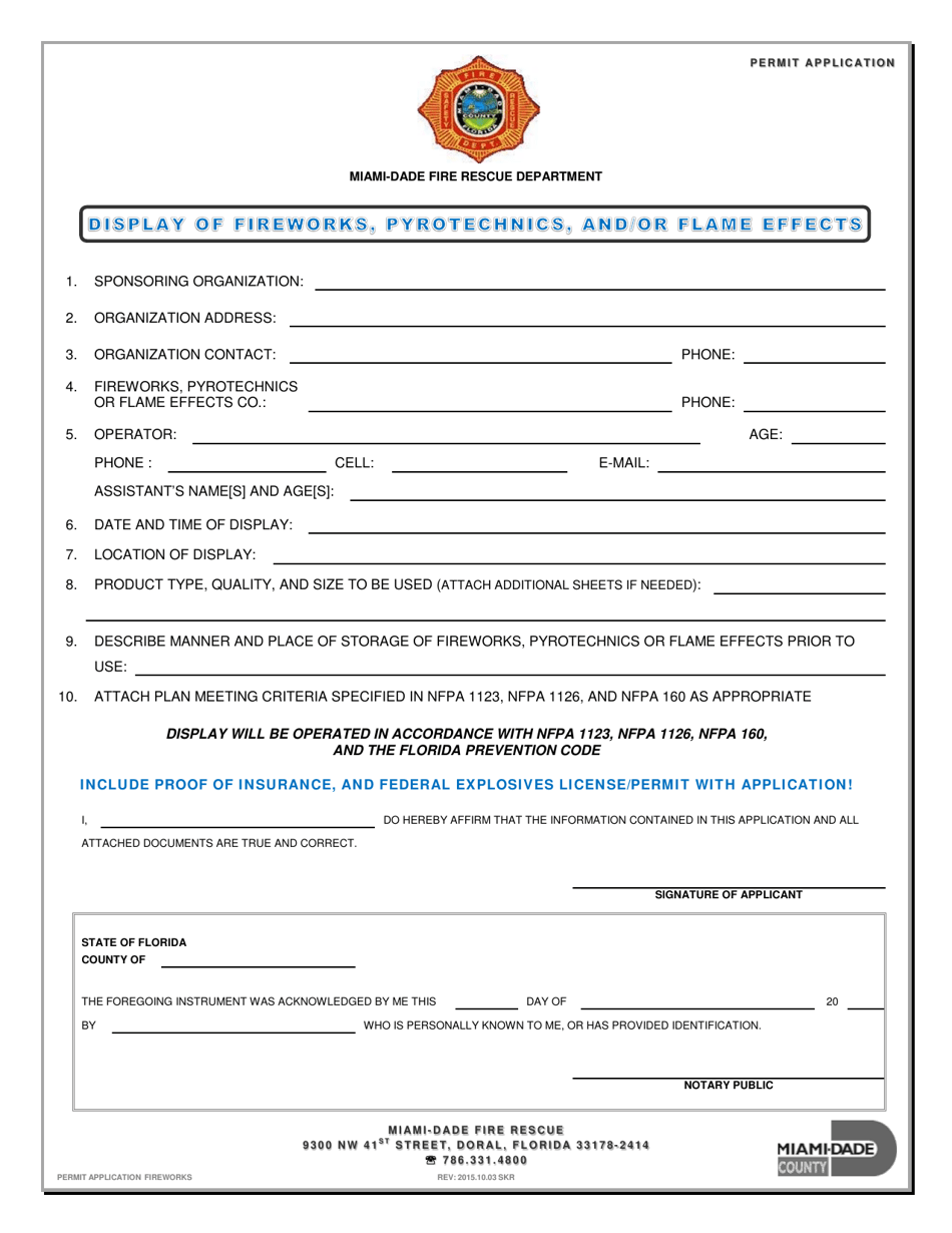 Display of Fireworks, Pyrotechnics, and/or Flame Effects Permit Application - Miami-Dade County, Florida, Page 1
