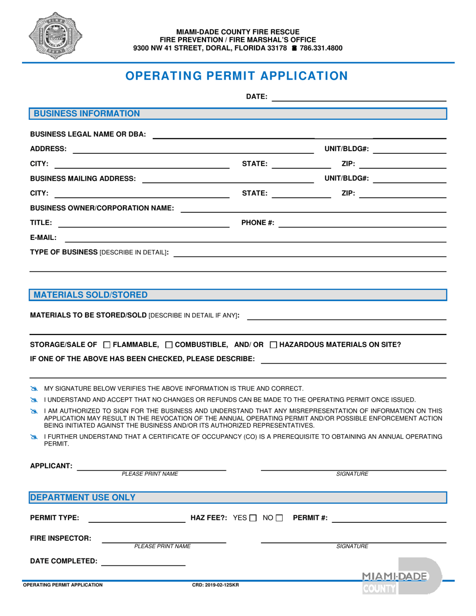 Operating Permit Application - Miami-Dade County, Florida, Page 1