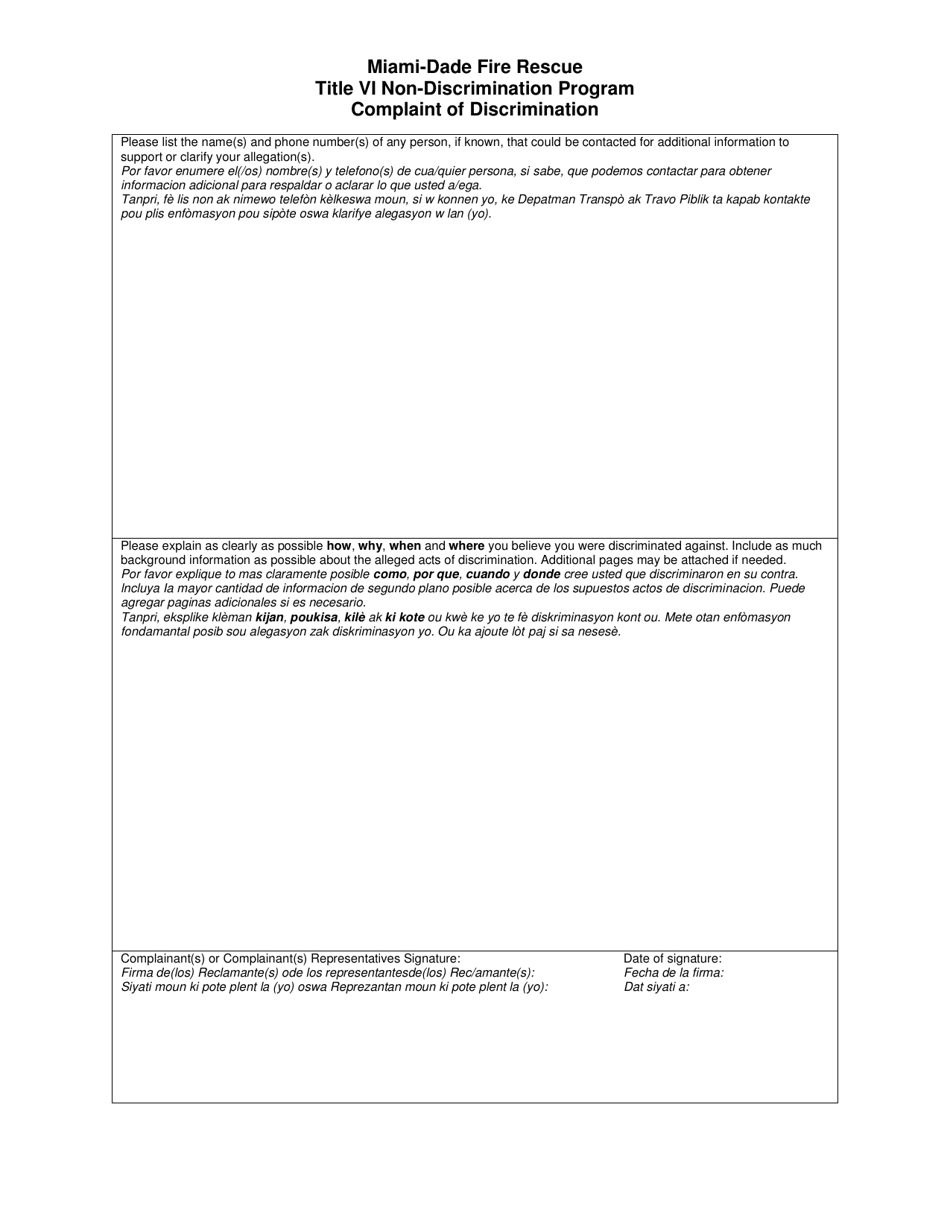 Title VI Non-discrimination Program Complaint of Discrimination - Miami-Dade County, Florida (English / Spanish / Haitian Creole), Page 1